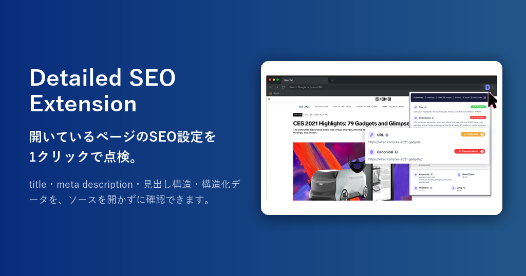 Detailed SEO ExtensionでページのSEO設定を点検している画面