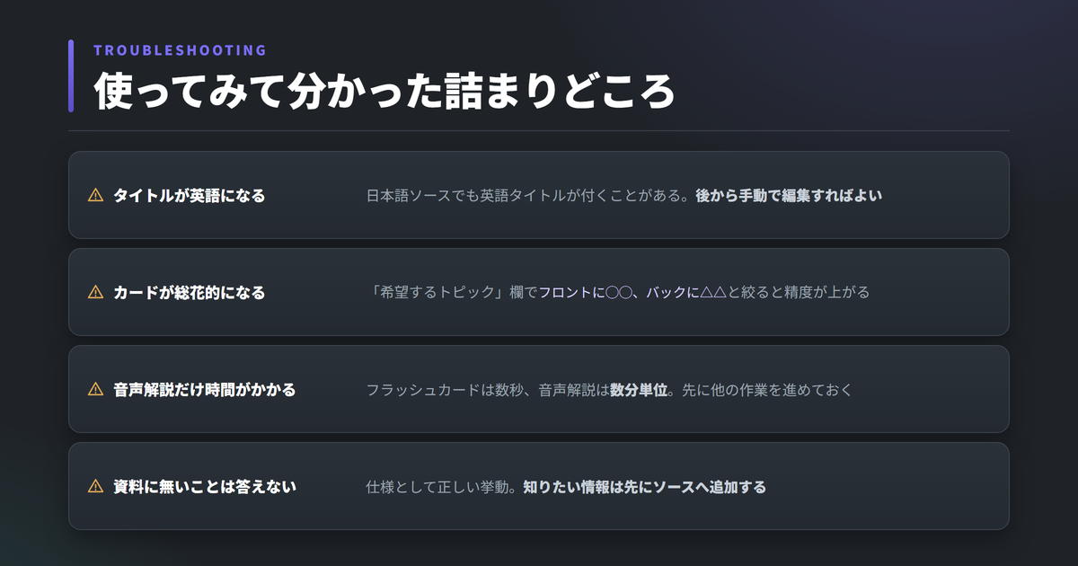 つまずきポイント4つ。日本語資料でも英語タイトルが付く、フラッシュカードは希望トピックを絞らないと総花的になる、音声解説は生成に数分かかる、出典が無い質問には答えを断る