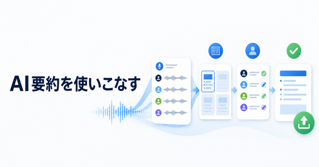 会議の文字起こしからAI要約を作る流れを表す概念イラスト