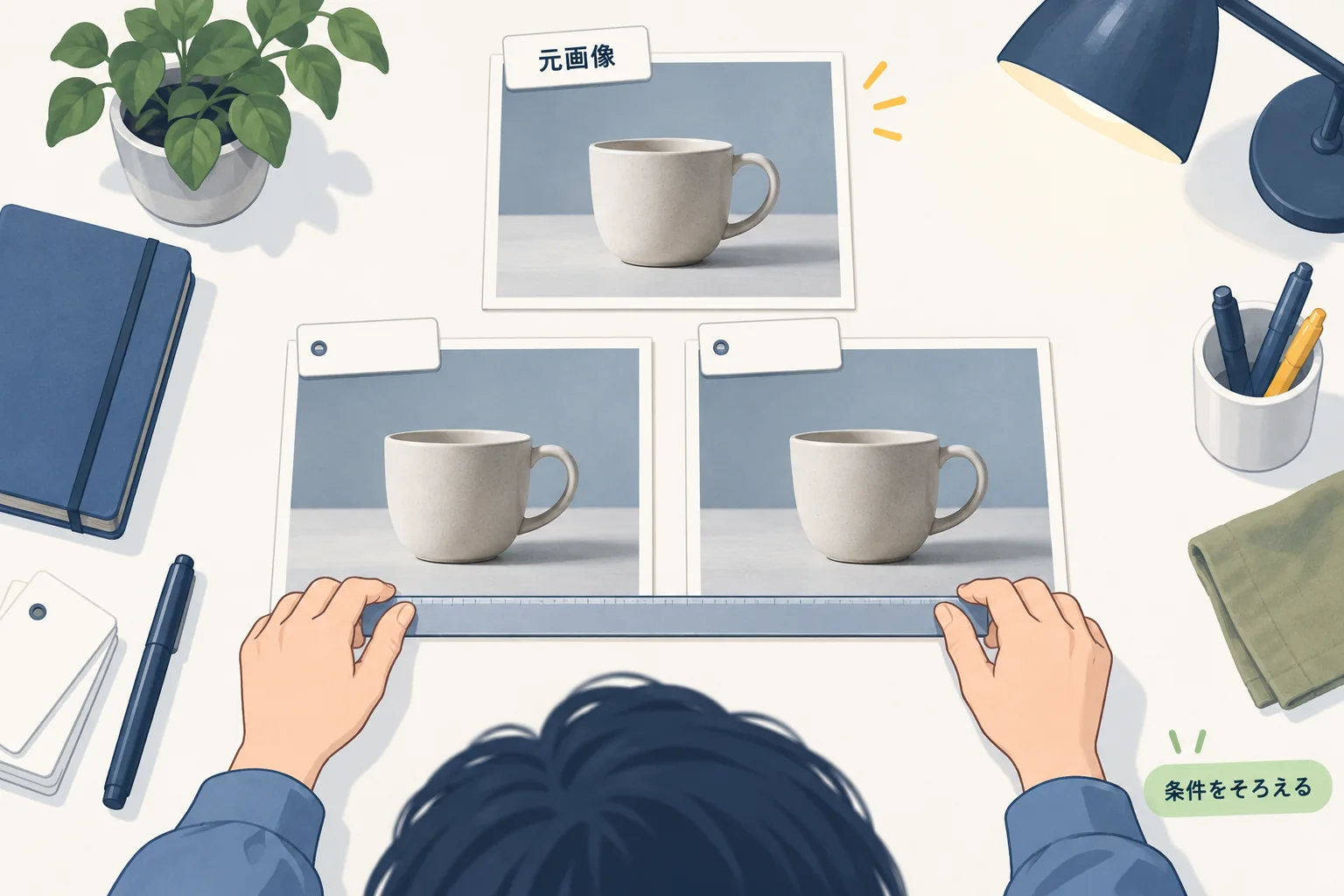 一枚の元画像から同じ大きさの比較用カードを準備する場面