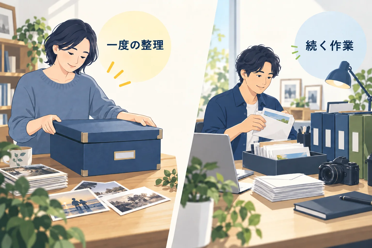 整理を終える写真箱と定期的に追加される写真の対比