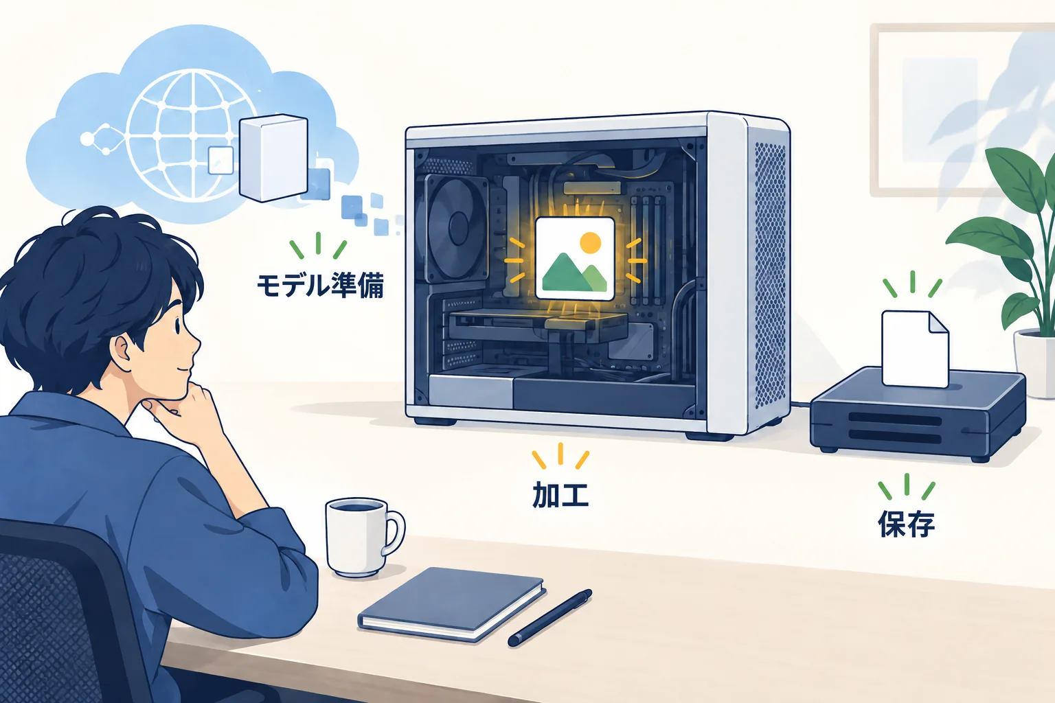 通信での準備、PC内の処理、保存先を区別する図