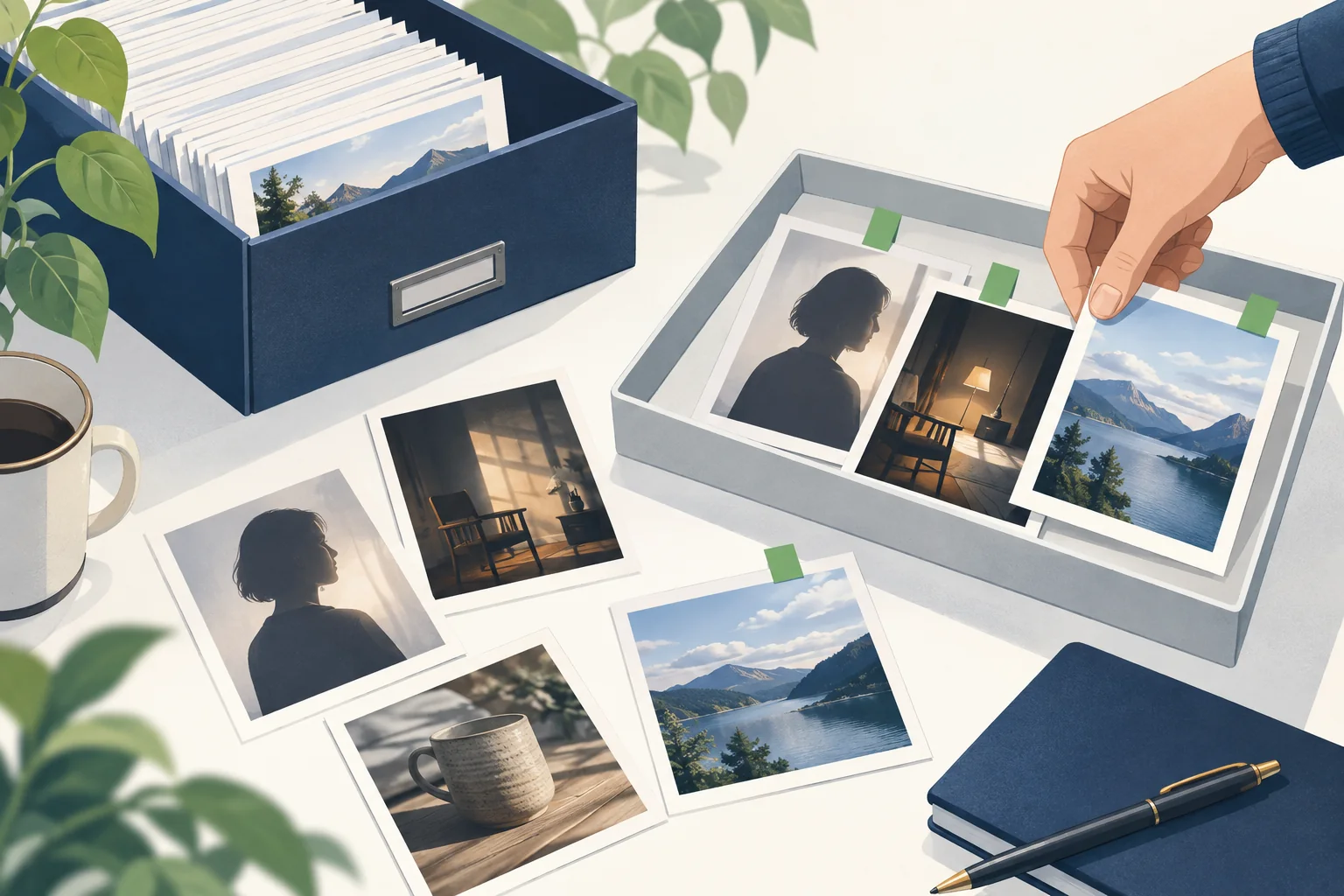 人物・暗い写真・商品写真から代表する素材を選ぶ場面