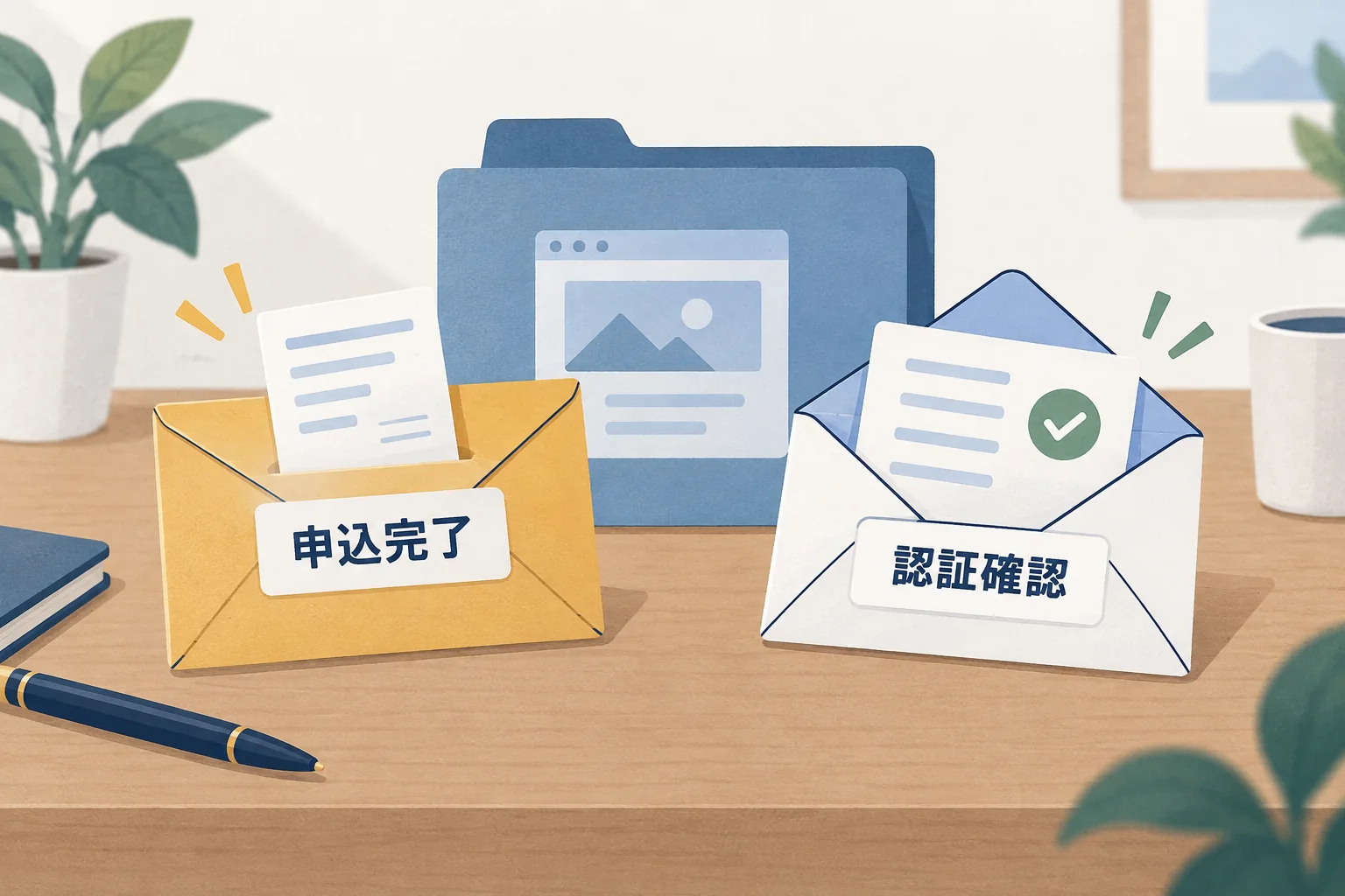 申し込み完了の封筒と、認証を確認する別の封筒を分けて置いた図