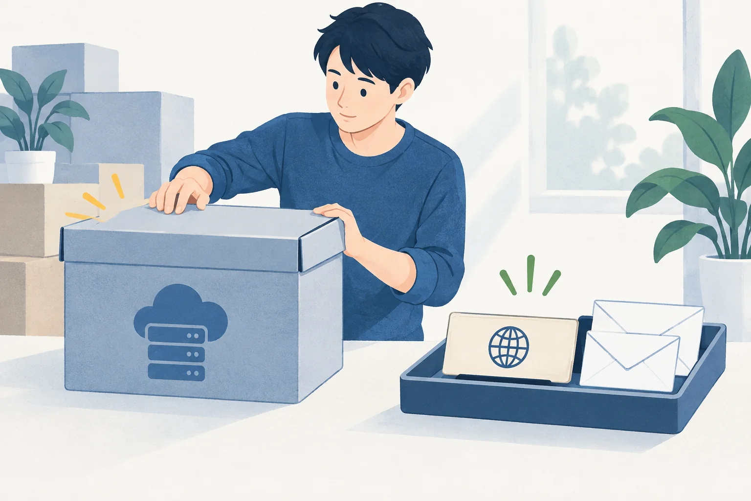 サーバーの収納箱を片付ける一方、ドメインの名札とメールの封筒を保管する図