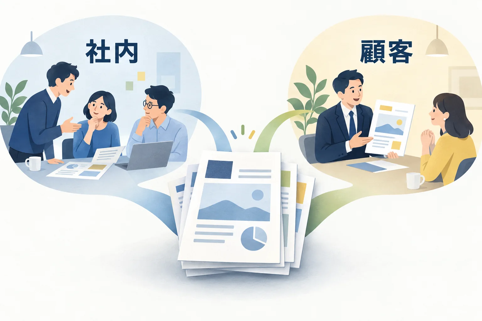 同じ材料を社内の報告と顧客への提案で使い分ける考え方