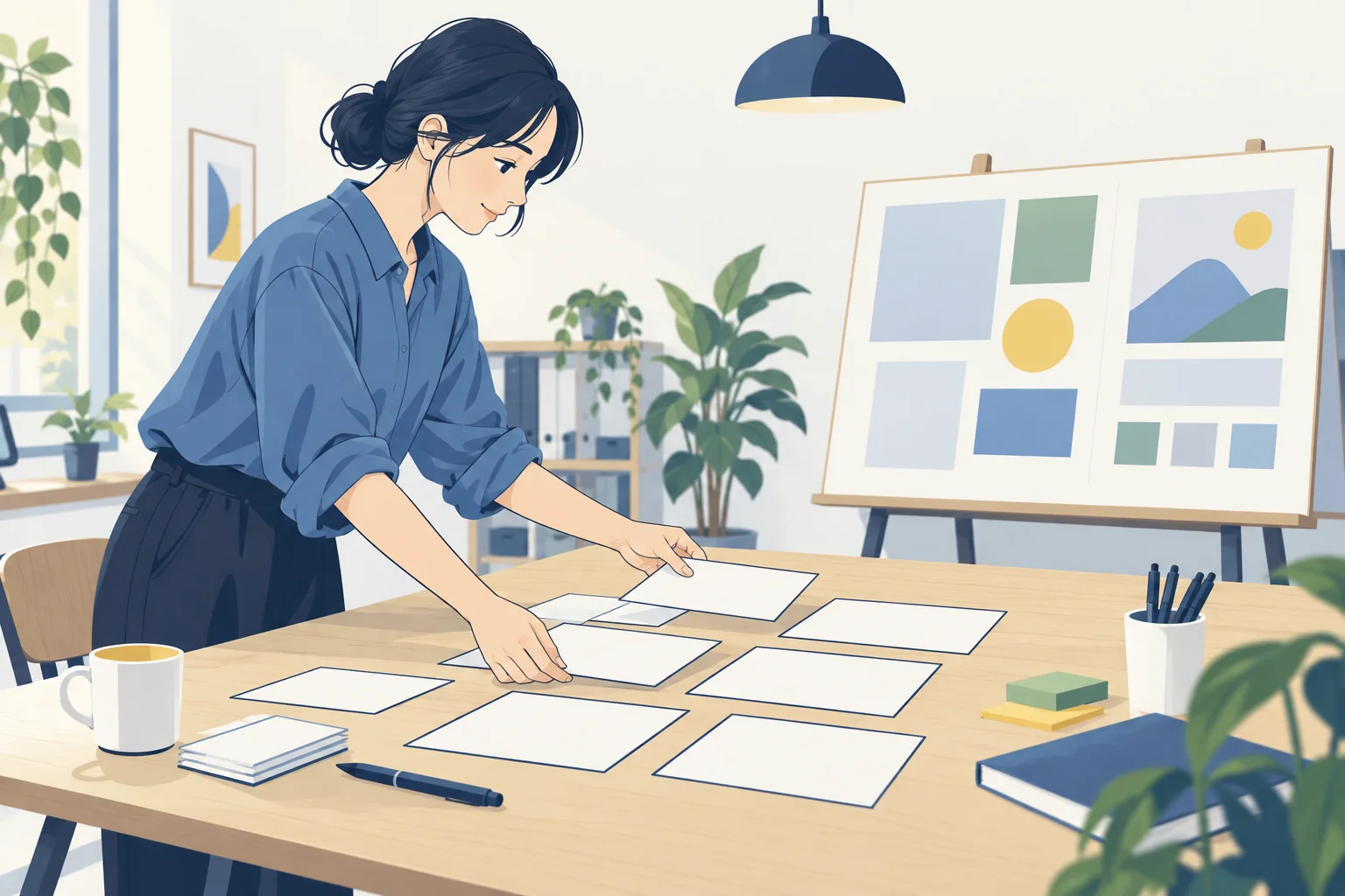 大きな構成カードを並べ替えてから資料の見た目を整える場面