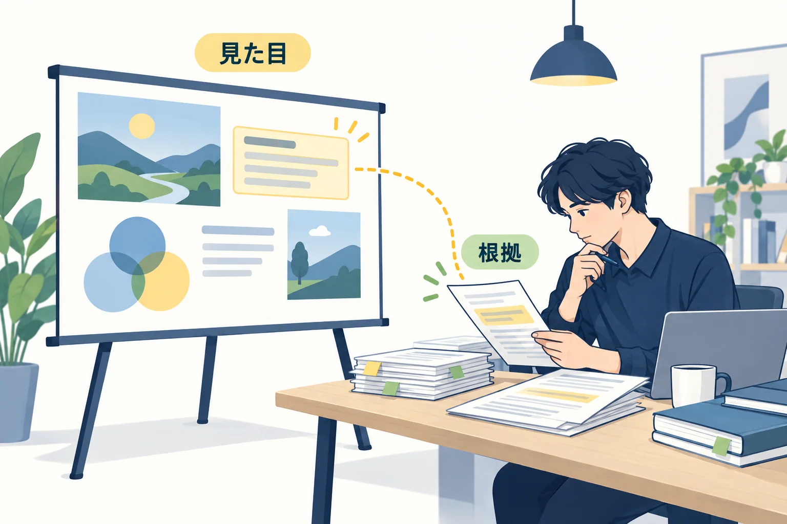 仕上がった資料と根拠のメモを照合する編集者