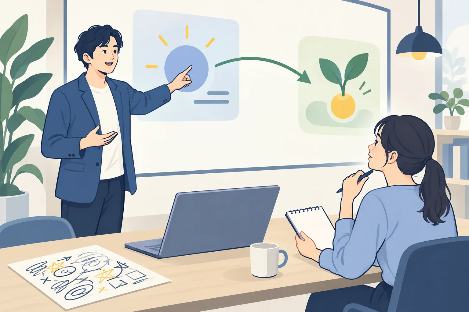 資料を指し示す発表者と、要点を追う読み手