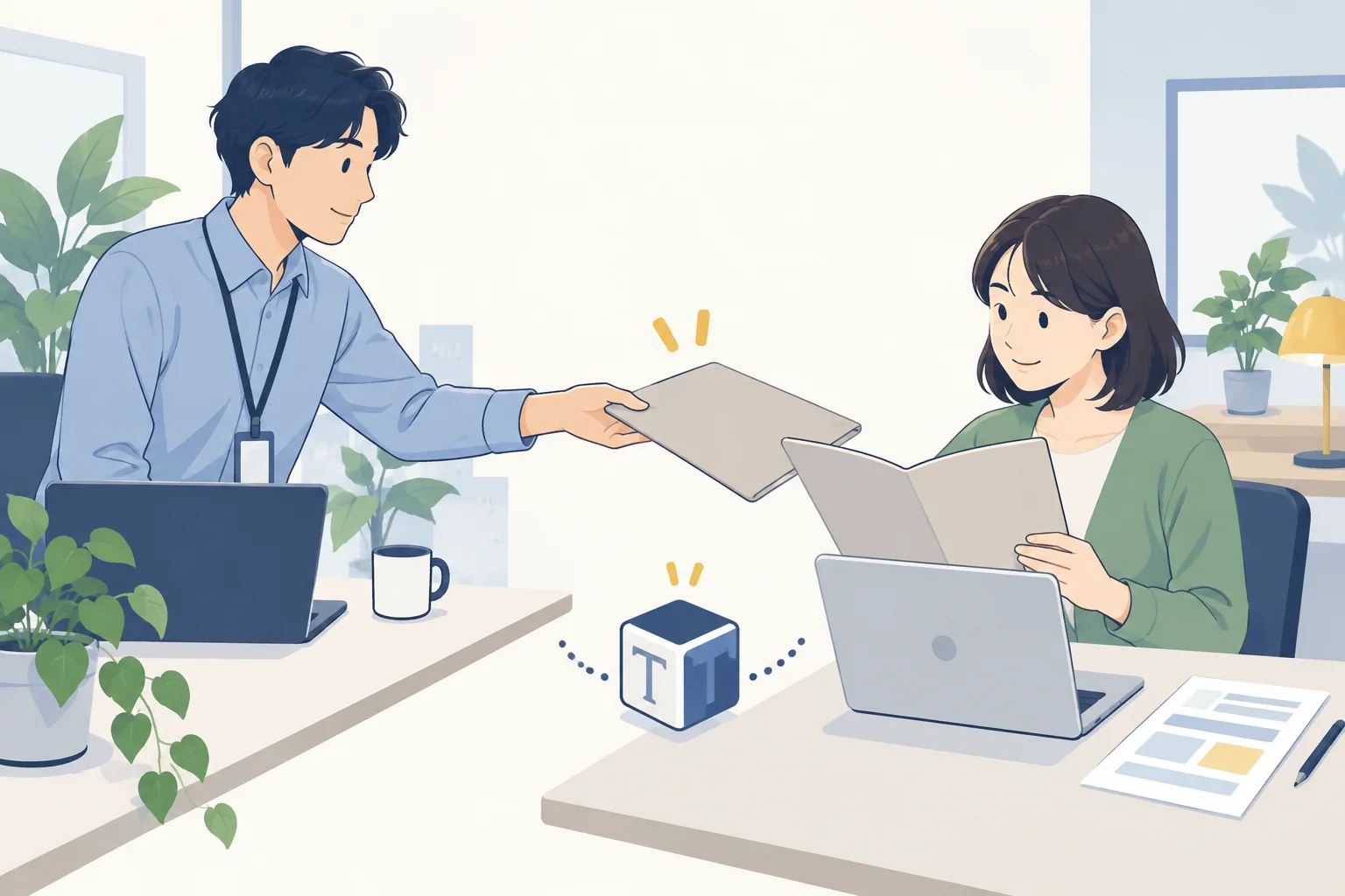 資料を渡す人と受取側のPCで確認する人