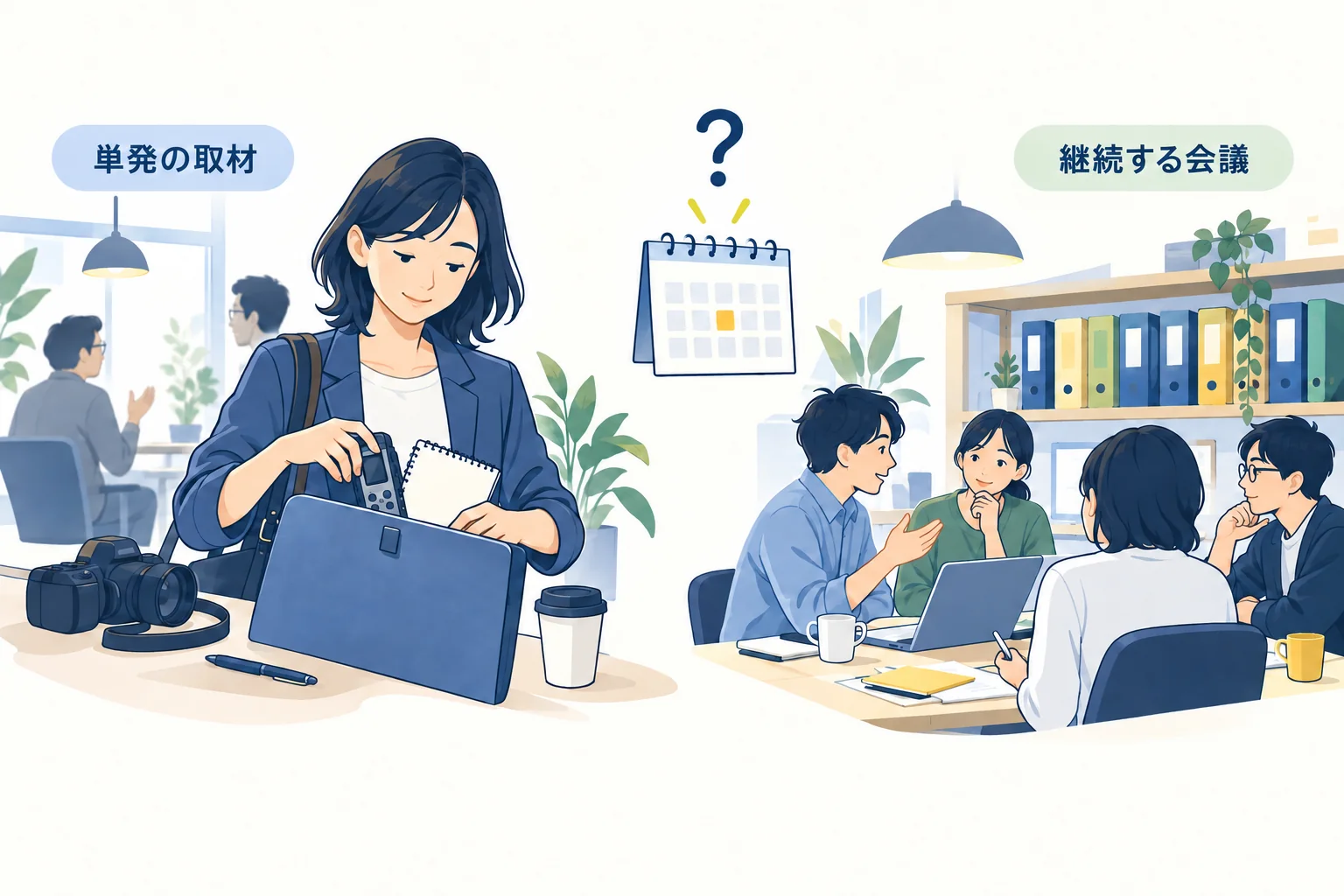 一度のインタビューと、繰り返す会議記録を対比する場面
