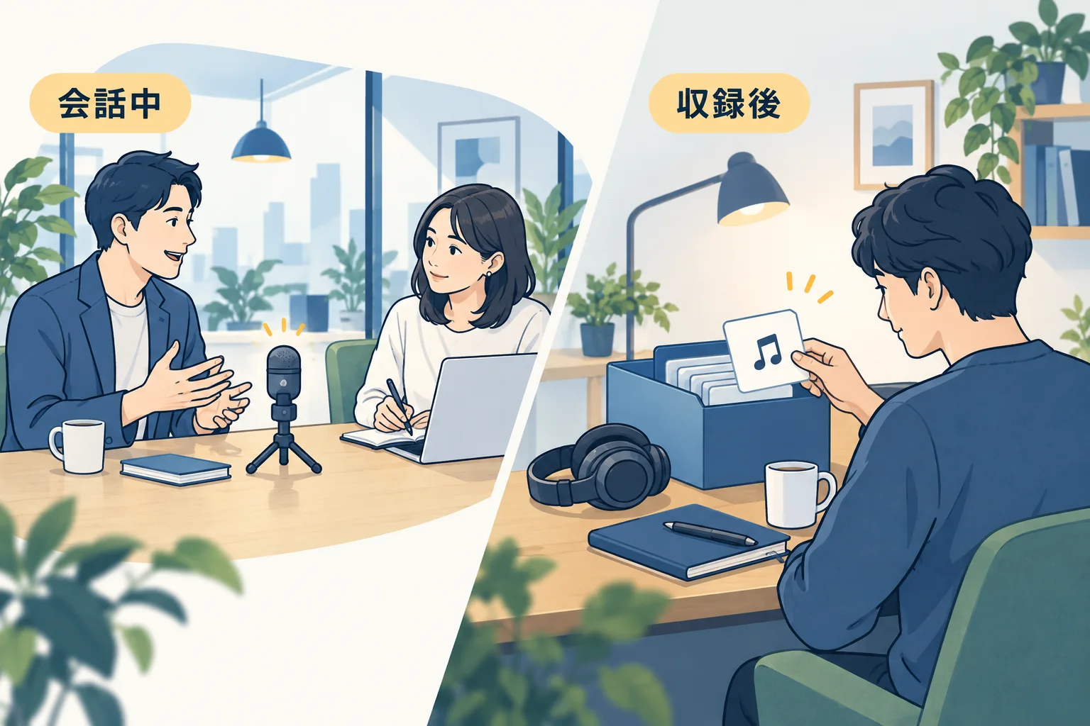 会話中の録音と保存済み音声の取込を対比する場面