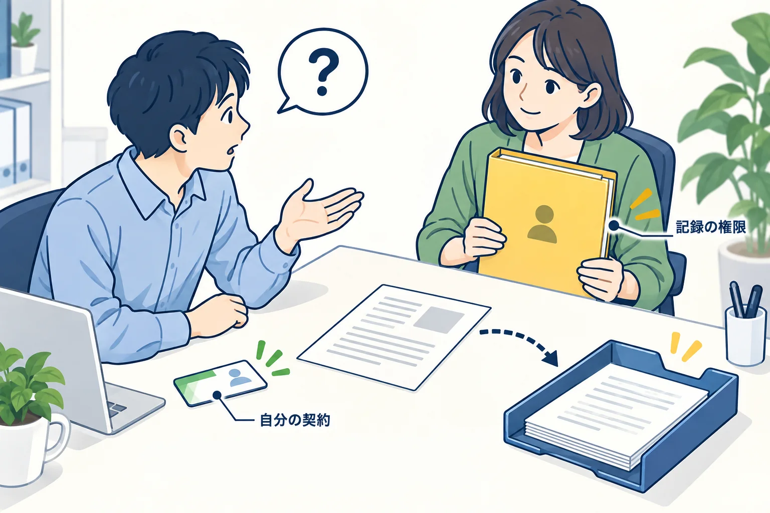 契約者と記録の所有者がダウンロード権限を確認する場面