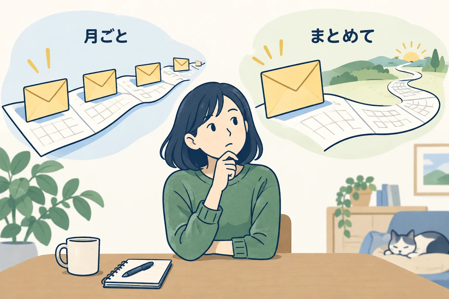 小分けの支払い封筒と一括の封筒を対比する場面