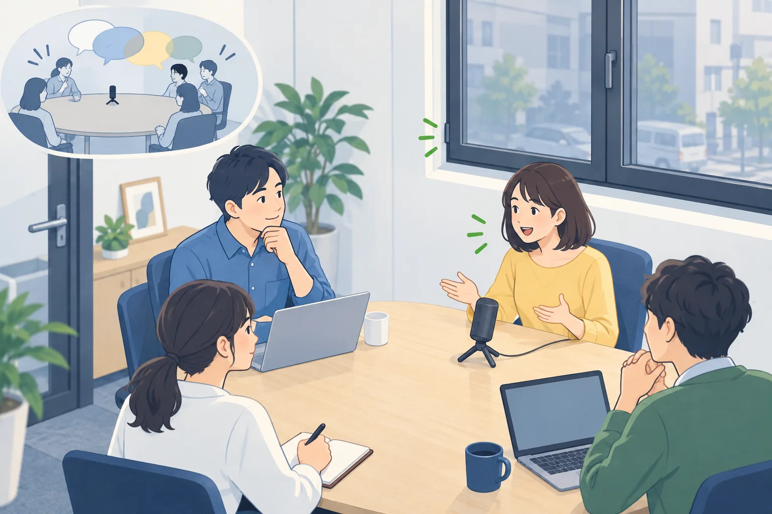 話者に近いマイクと、順番に話す静かな会議の場面