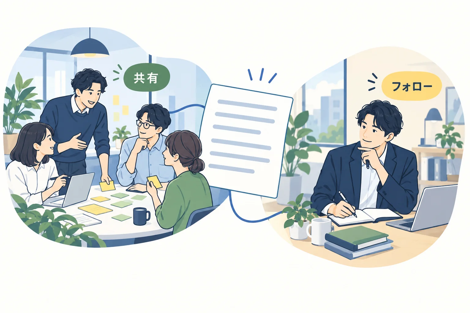 チームの行動共有と、面談後の個別フォローを対比する場面