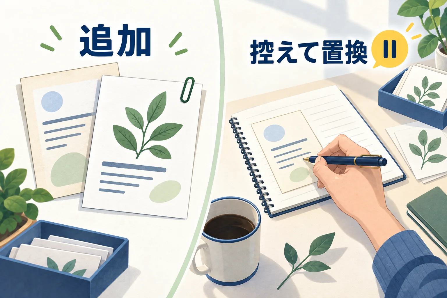 古い要約を残す束と、置換前に別へ保存するメモの対比