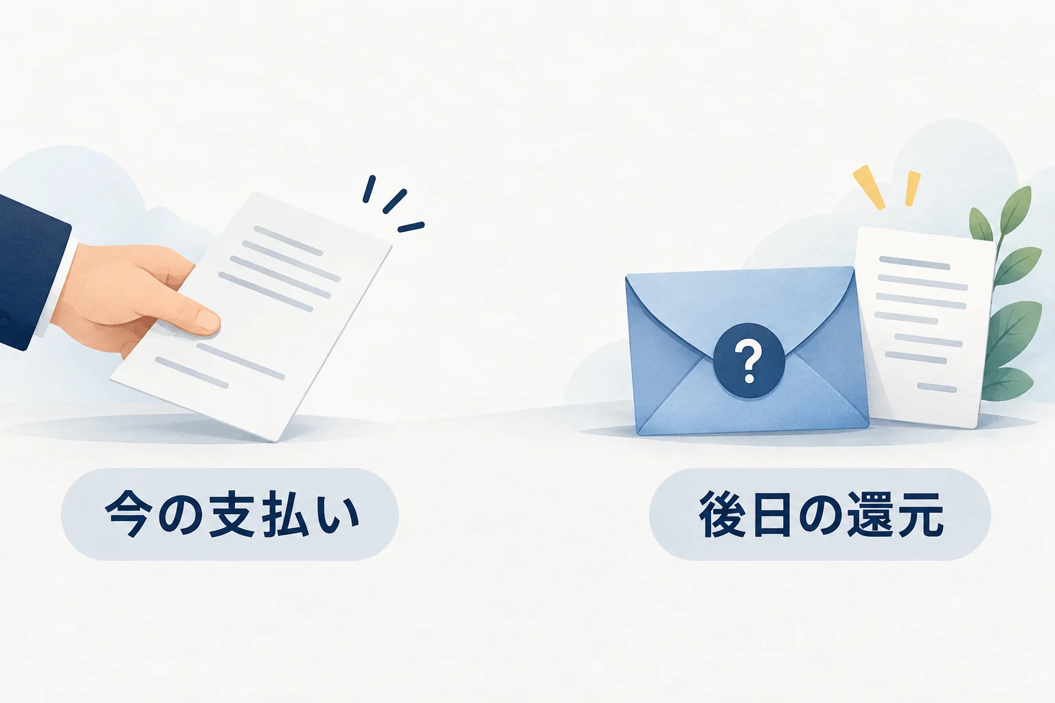 契約時の支払いと、条件を確認して後日受け取る還元を分ける図