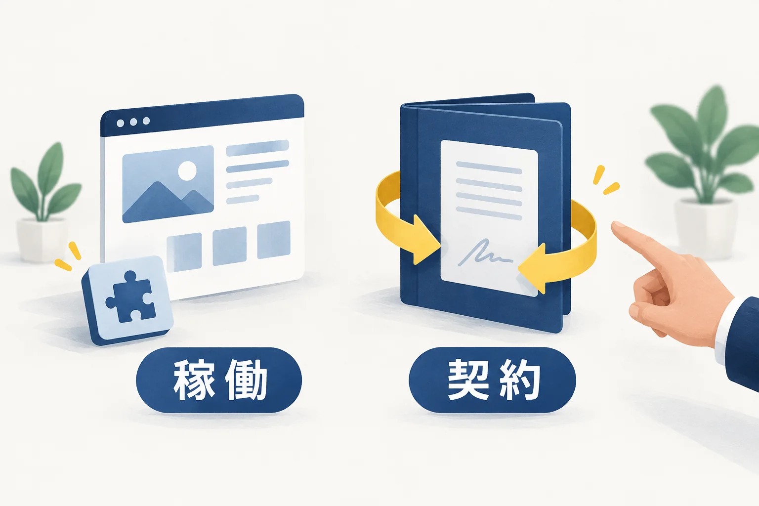 サイト側のプラグインを止める操作と契約更新の手続きを別々に確認する図