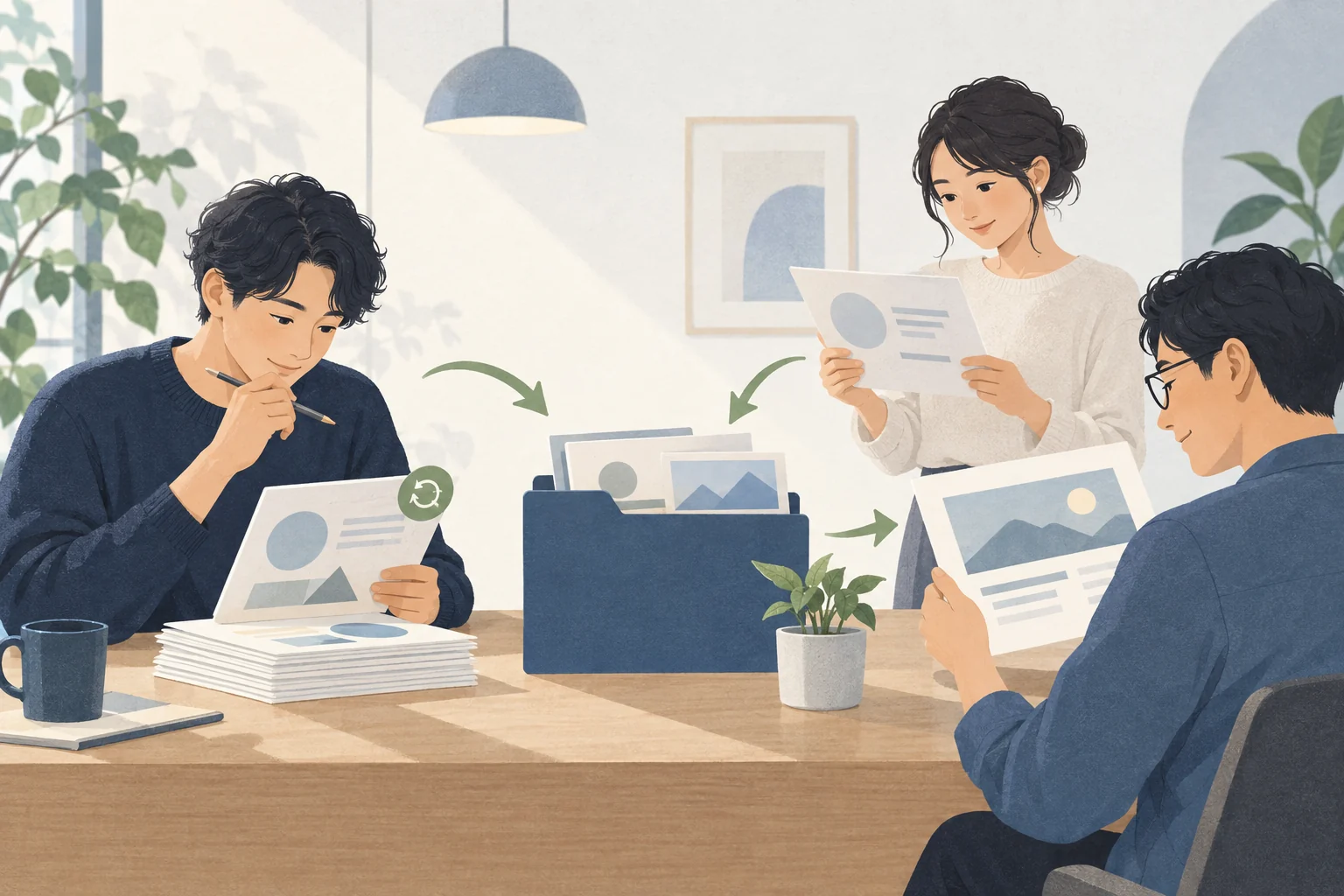 資料を作成する人、確認する人、閲覧する人で共通資料を使う場面