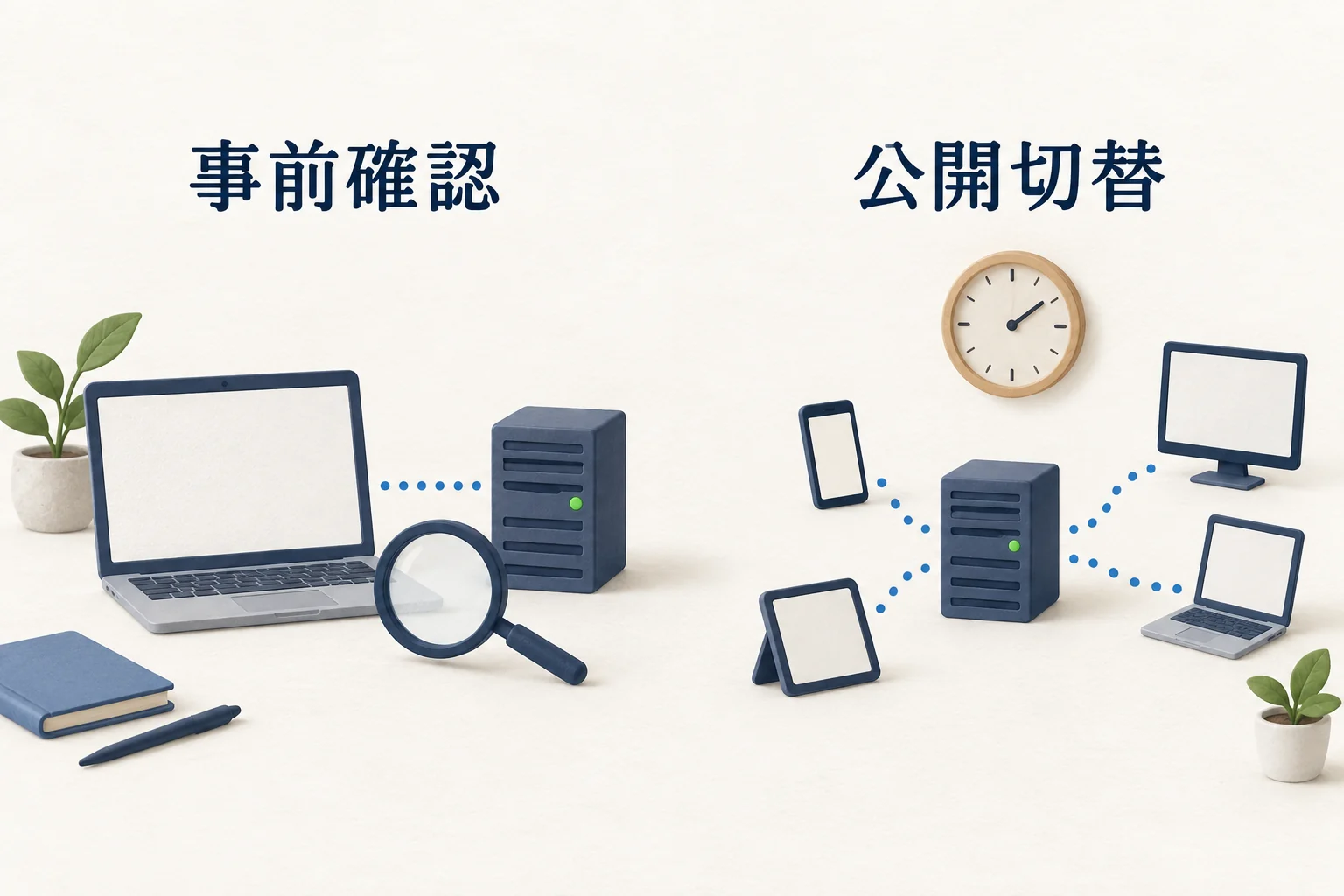 一台のPCでの事前確認と、訪問者が使う公開切替の違い
