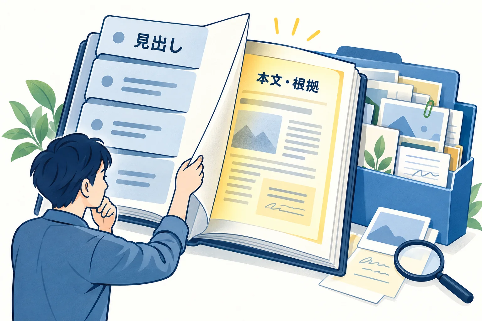 見出しの付せんをめくり、本文と根拠まで読む人