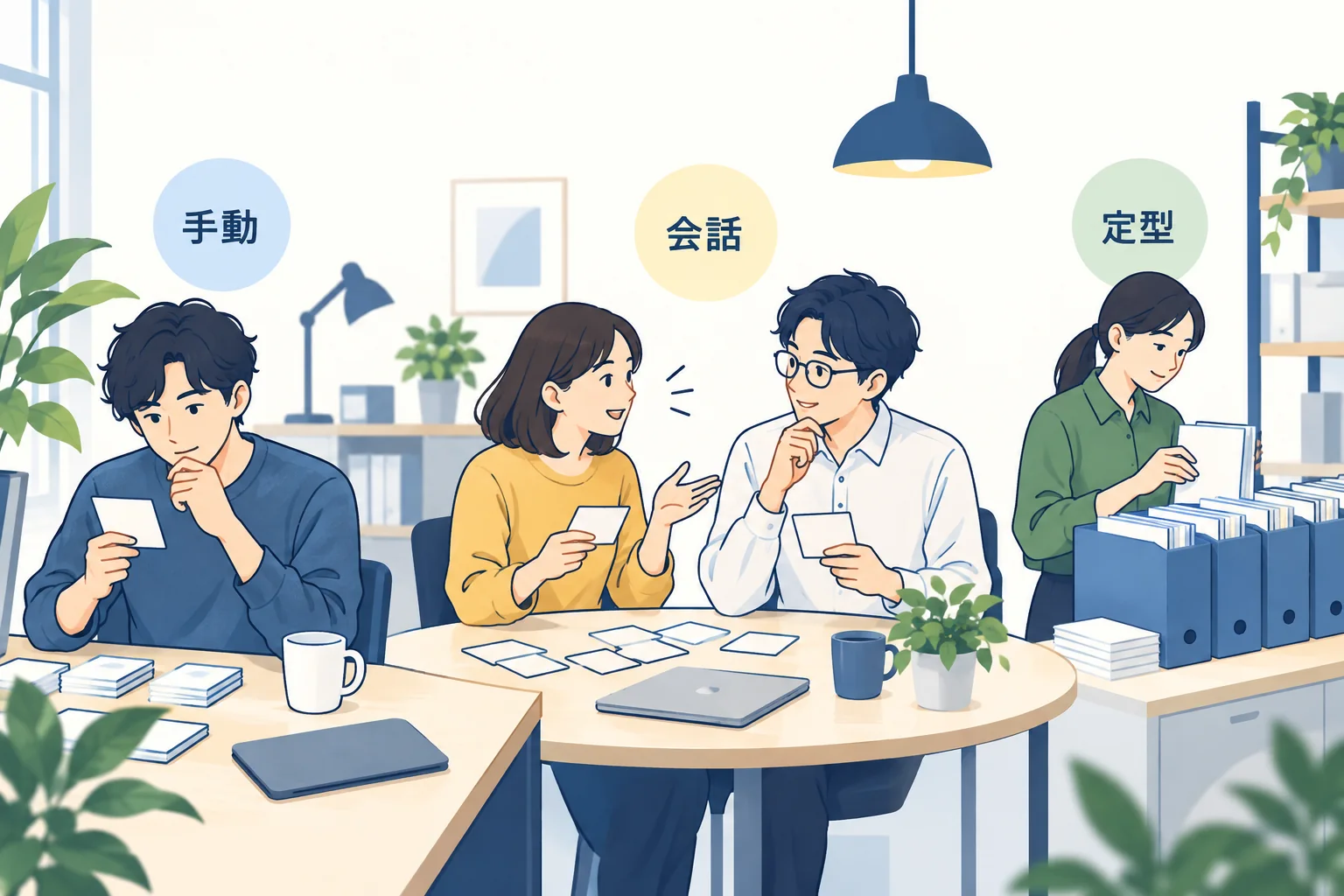 資料を読む人、相談する人、定型の整理をする人