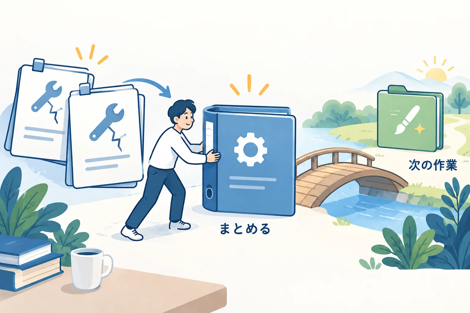 重なる記事を一つにまとめ、別の作業の記事へつなぐ図
