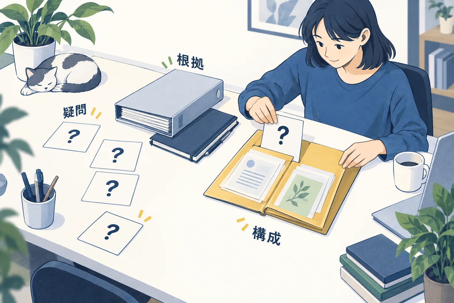 疑問のカードと公式資料・自分の記録を照合する編集者