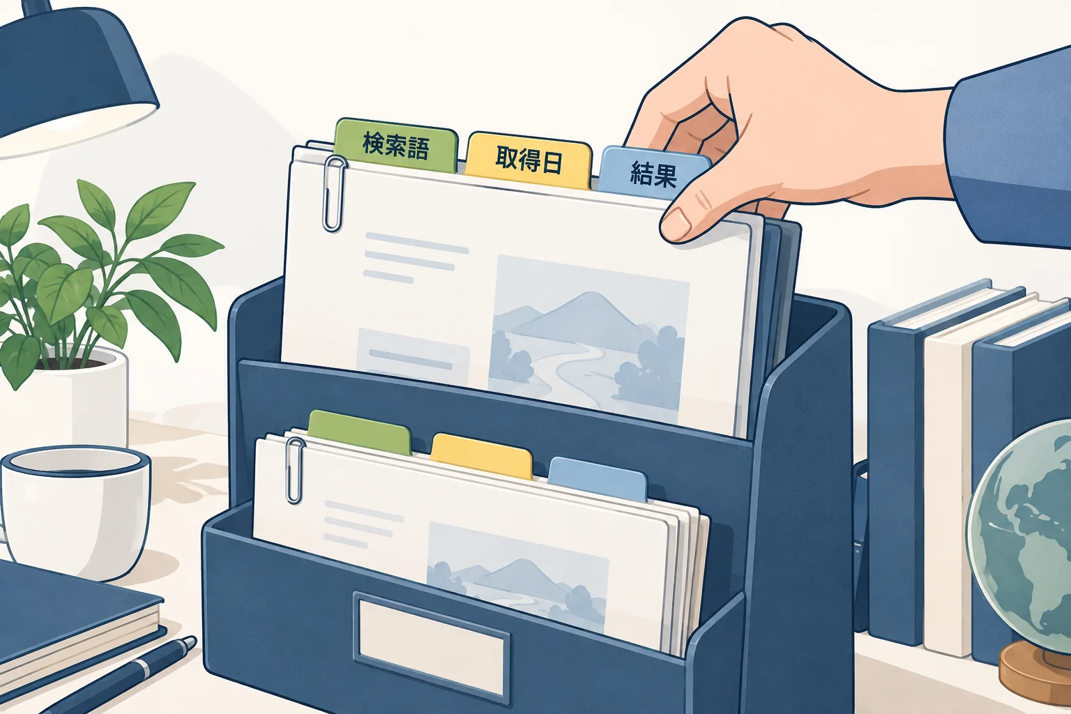 検索語と確認日を付けた調査フォルダを整理する場面