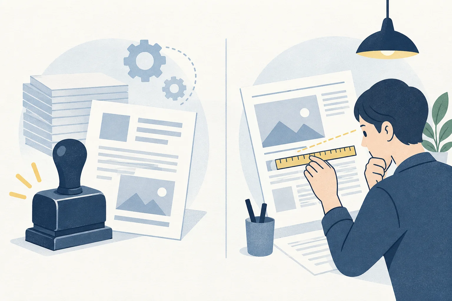 処理結果を記録した紙と、余白や配置を人が点検する記事紙面を並べた図