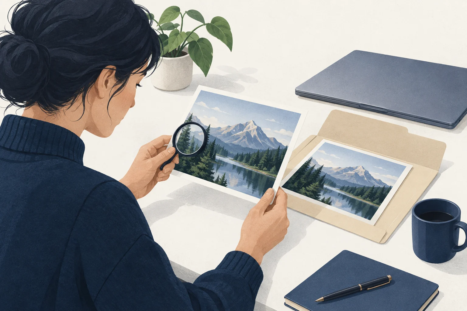 保存した写真の細部を拡大して確認する場面