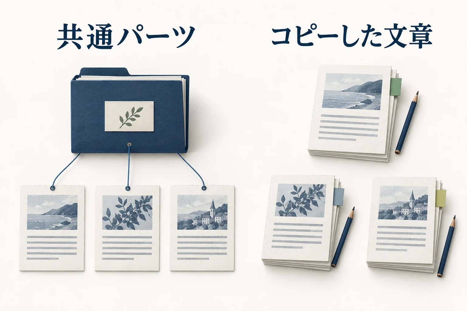 一つの共通元を参照する記事と、それぞれ独立したコピーの違い