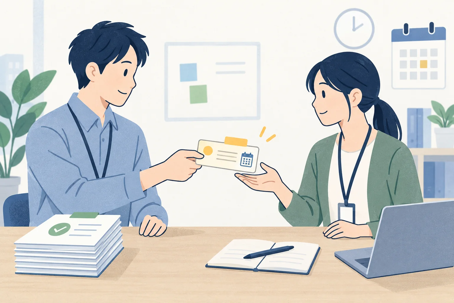 再確認した資料の横で、残る課題のカードを次の担当者へ引き渡す図