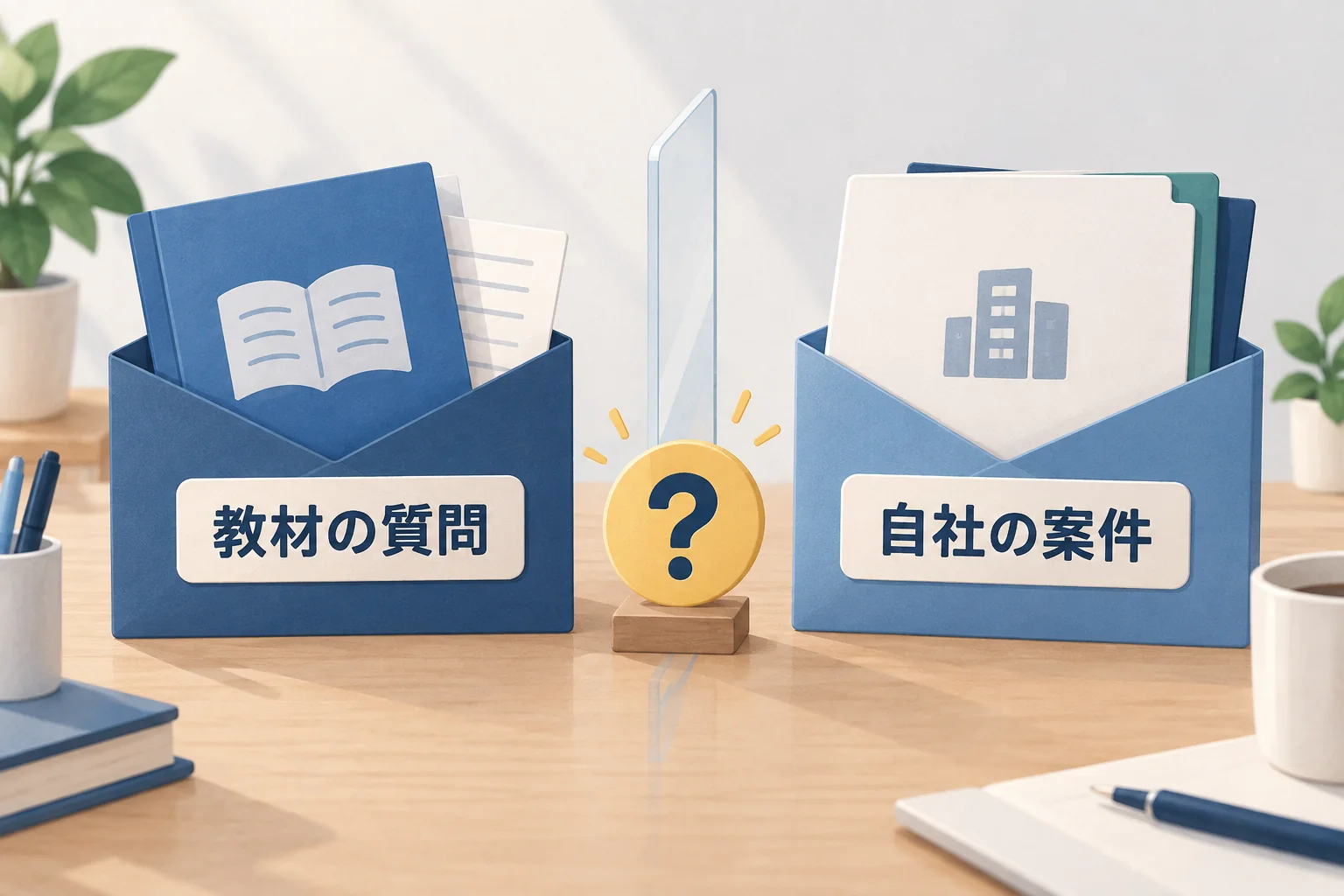 教材の疑問と自社の案件を、支援範囲が異なる相談として分ける図