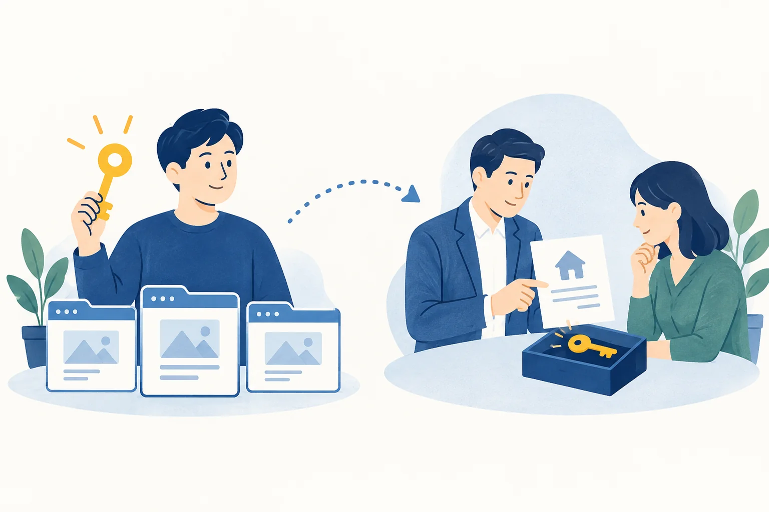 一人で管理する複数サイトと、顧客へ管理責任を渡す場面を分けたイラスト