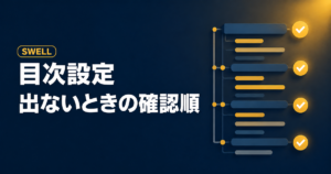 SWELLの目次が出ないときの設定確認順を示すアイキャッチ
