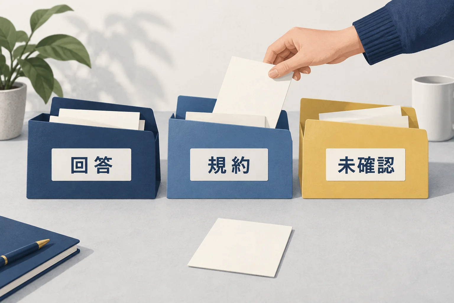 聞いた回答、規約で確認する内容、未回答の疑問を分ける場面