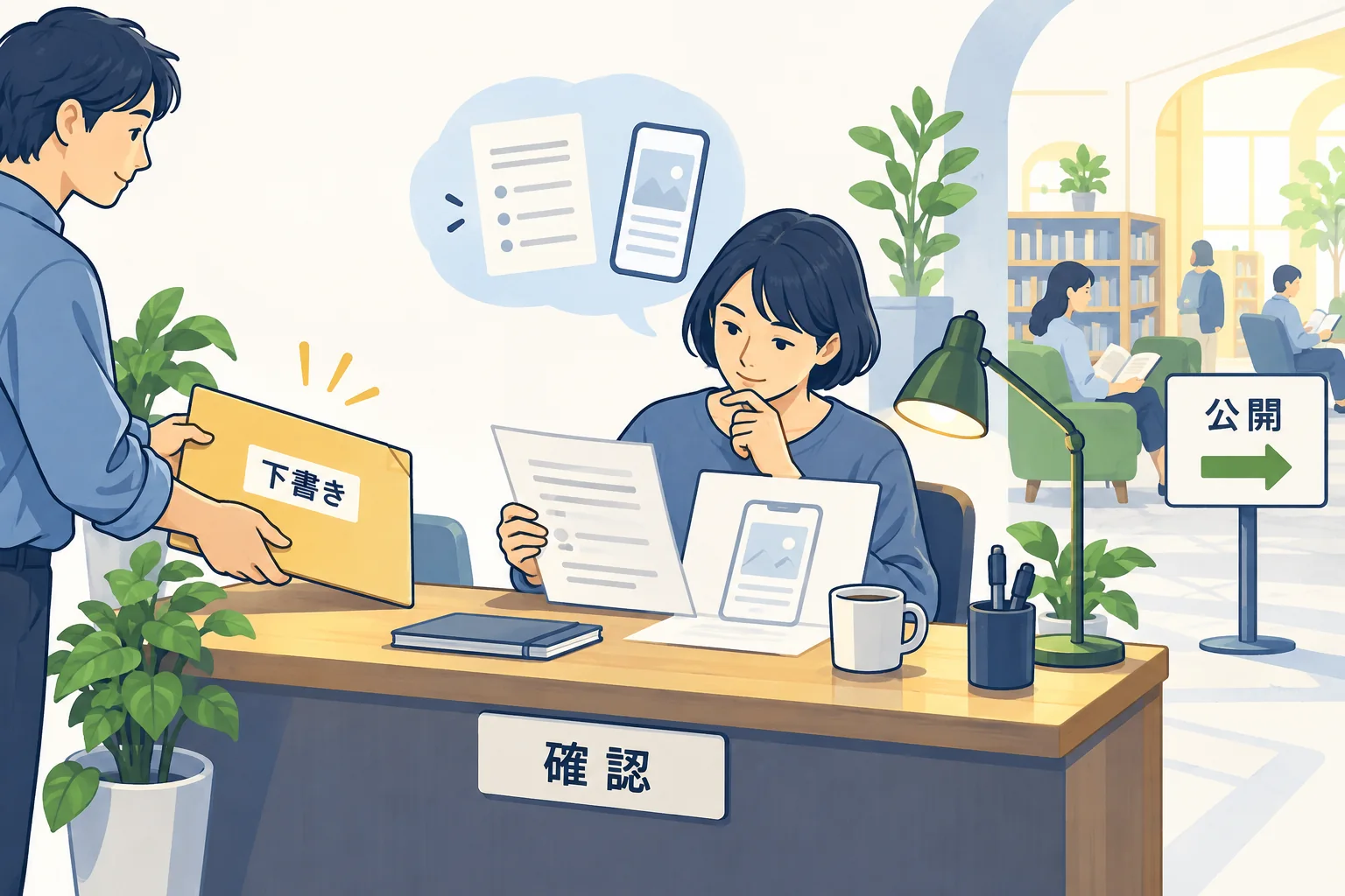 下書きの受取と公開の間で編集者が表示を確認する場面