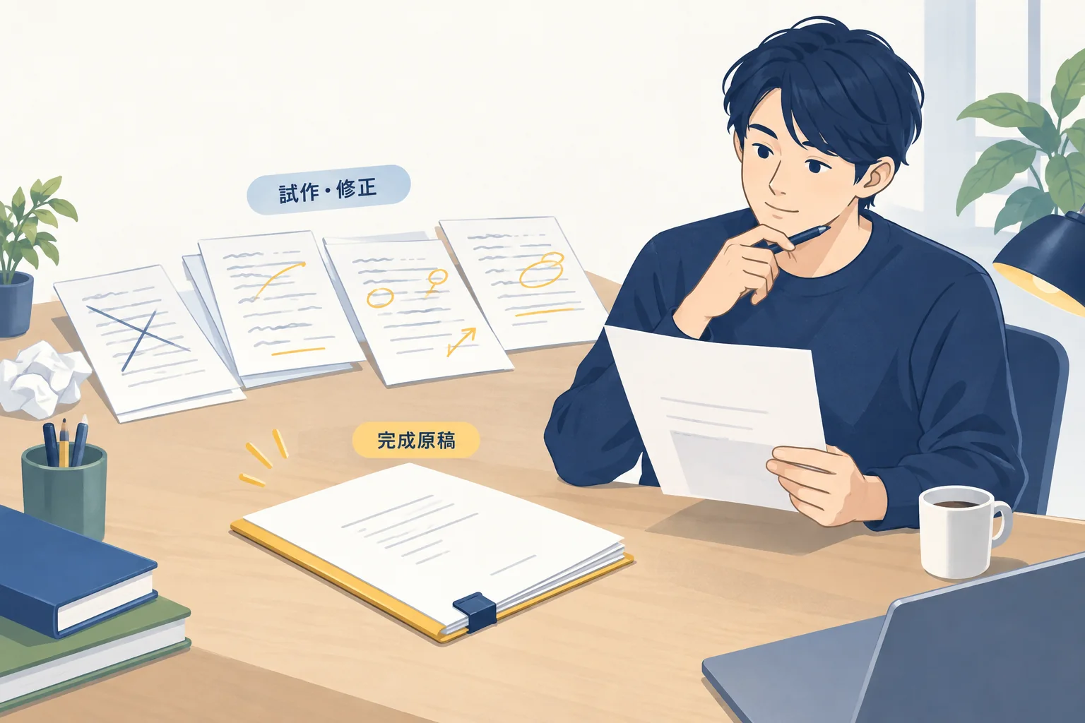 試作と修正の原稿から一つの完成原稿を選ぶ場面