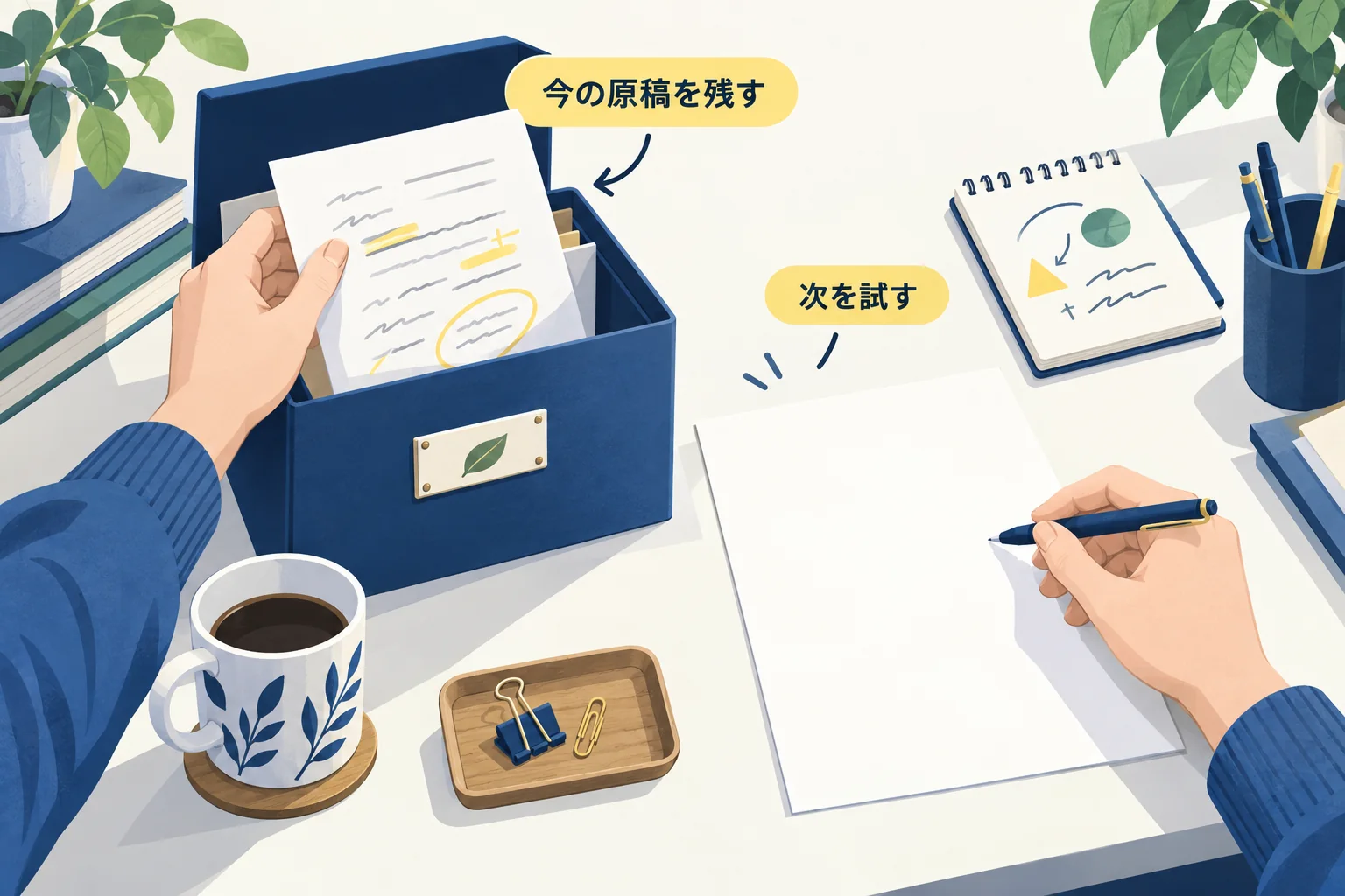修正済み原稿を保存用のフォルダへ移してから次を作る場面
