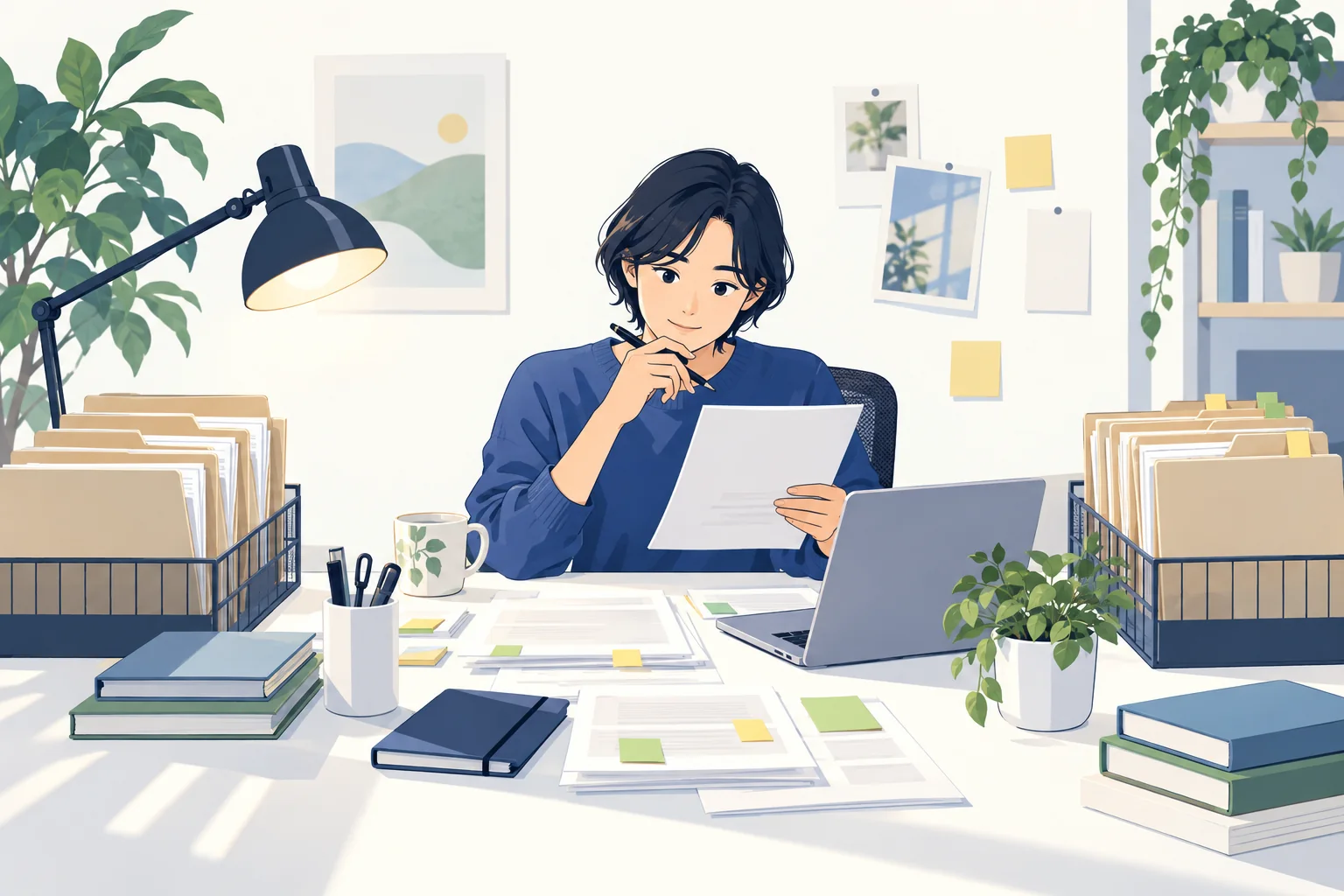 下書きの束を確認し、仕上げた原稿を別に置く編集者
