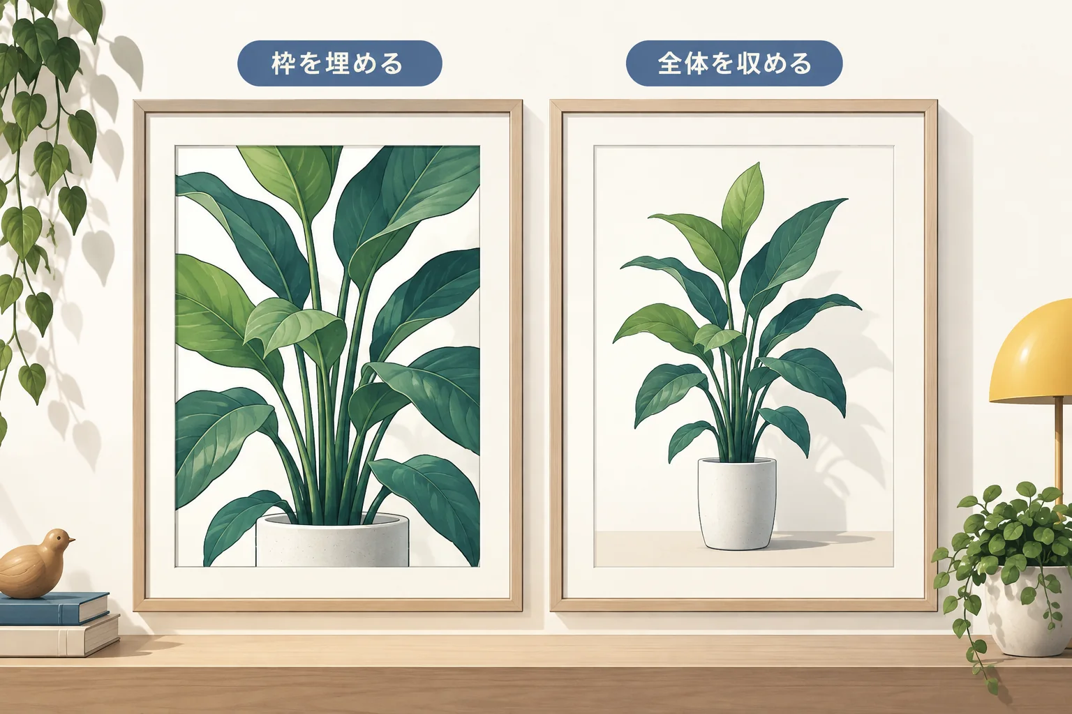 同じ絵の周辺が切れる枠と全体が収まる枠の対比