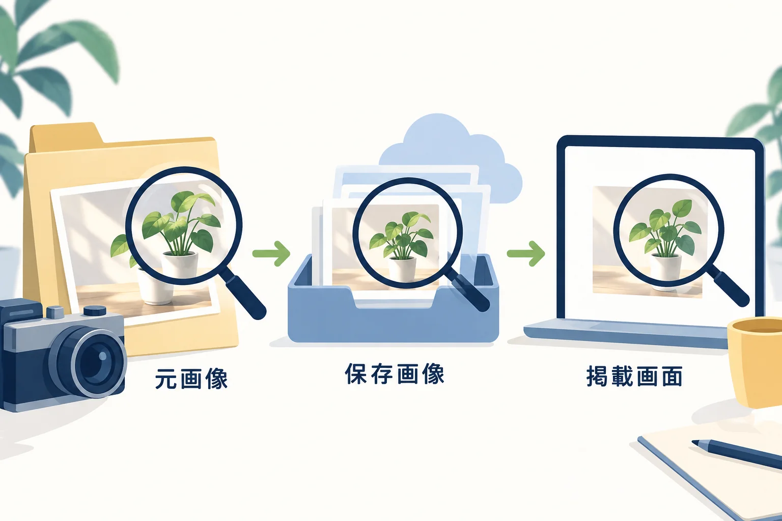 元ファイル、サイト内の画像、記事表示を照合する図