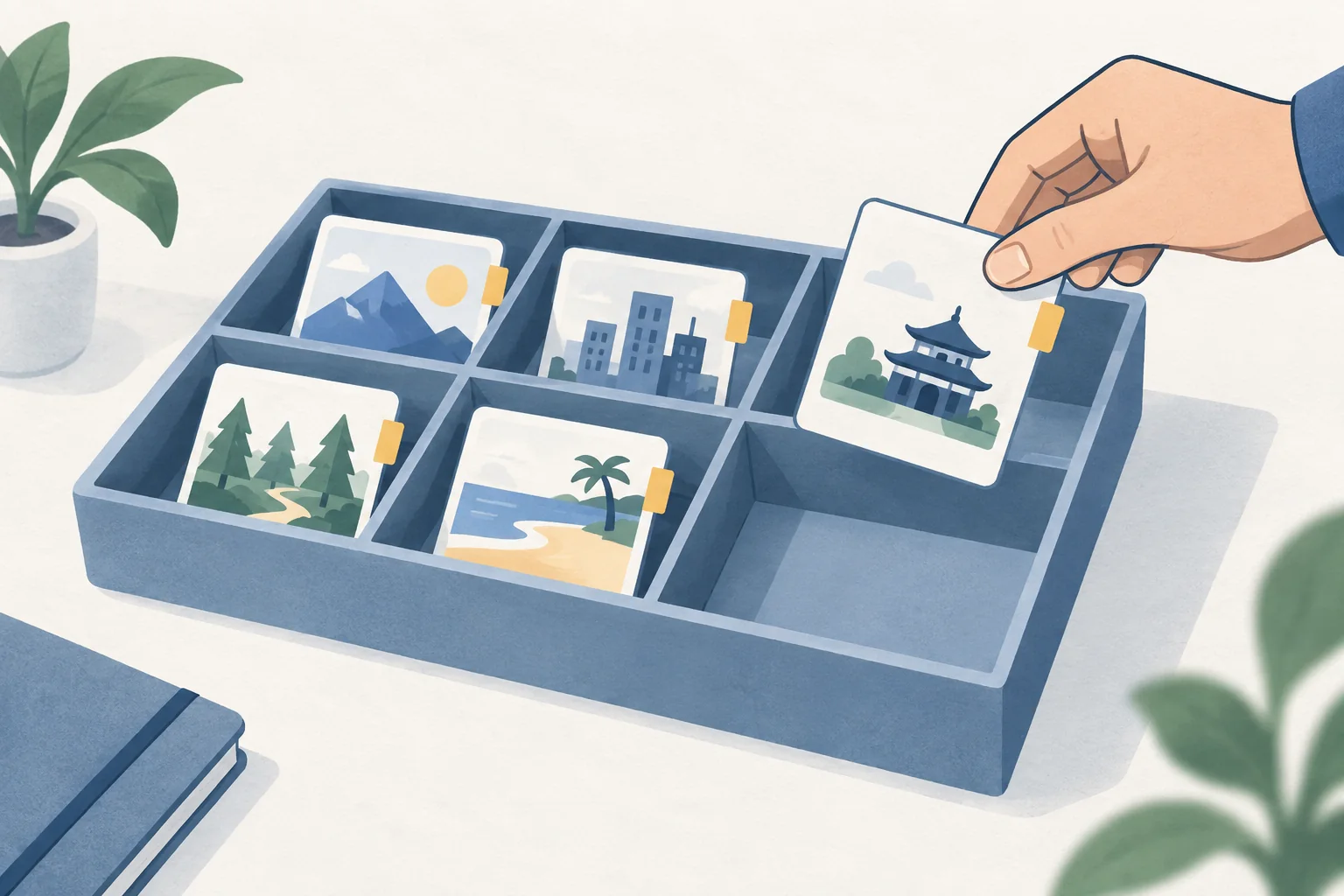 値が入った仕切りと空の仕切りを持つ移行先の箱へ、設定カードを照合する図